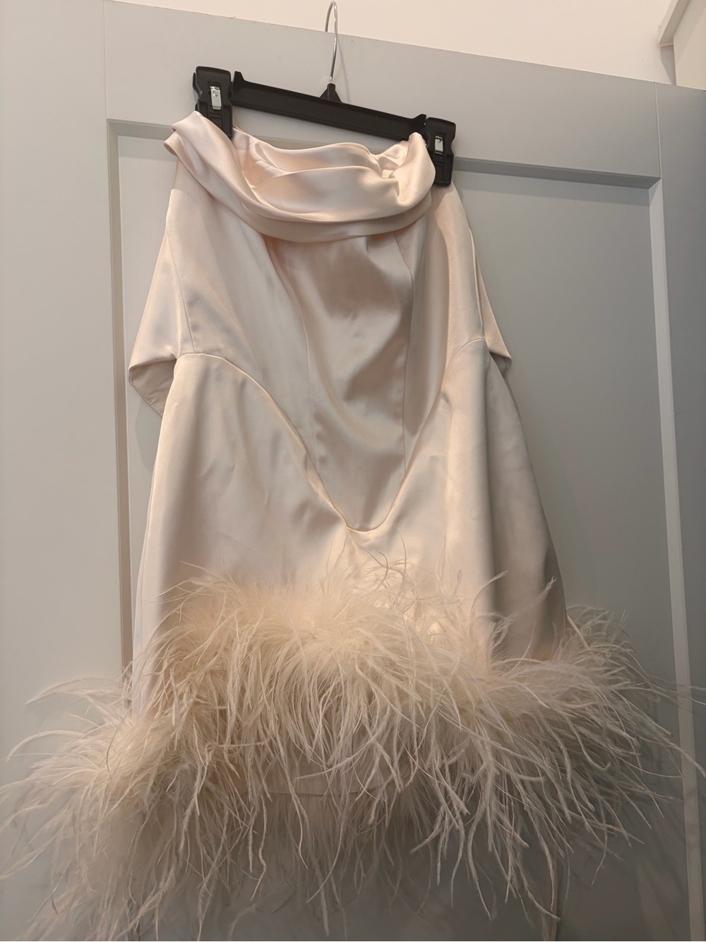 Strapless Feather-Hem Satin Dress in Ivory